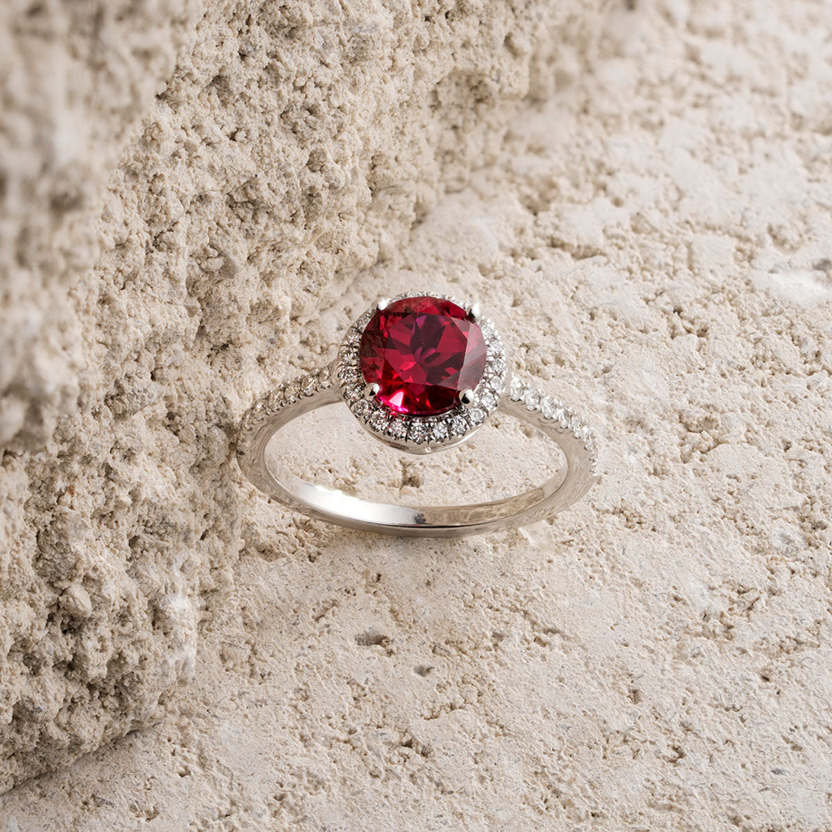 Astra 3.60ct Lab Ruby and Diamond Halo Shoulder Set Round Cut Ring in Silver